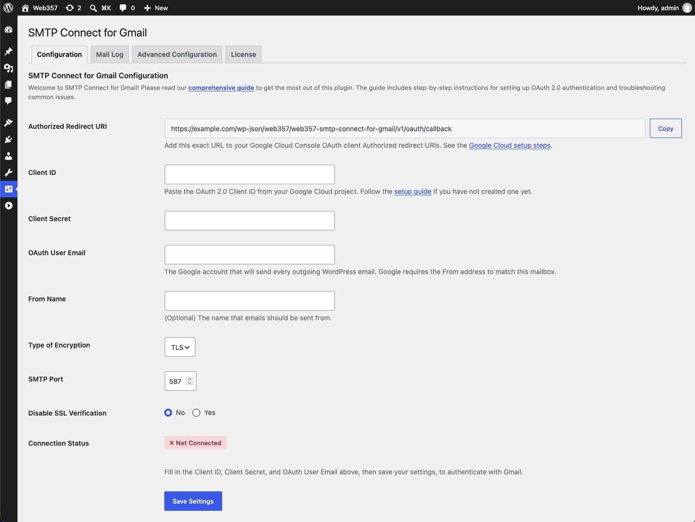 📧 Gmail SMTP Plugin Configuration Panel