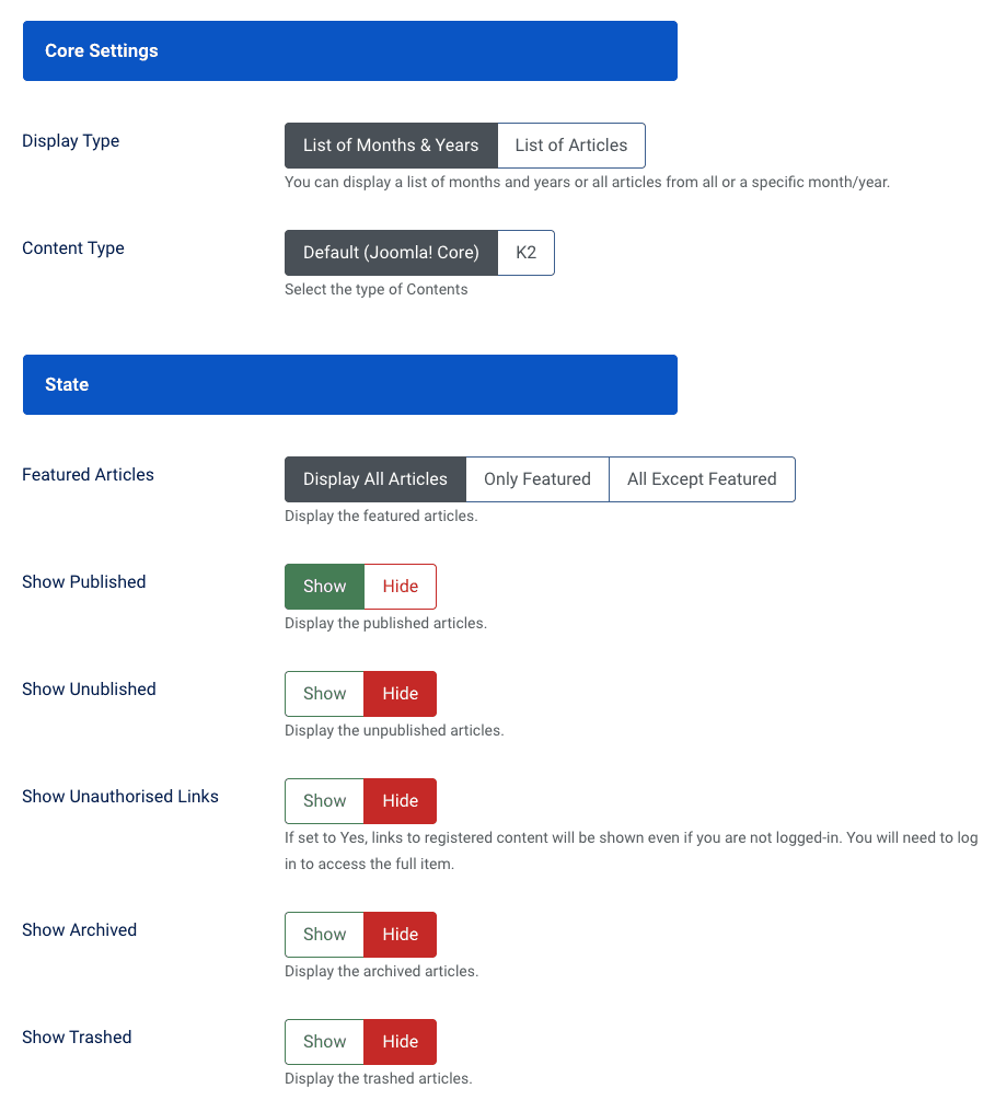 Core Configuration Panel