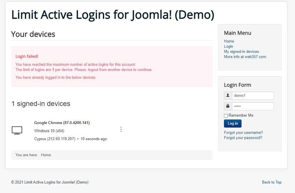 Login failed message!