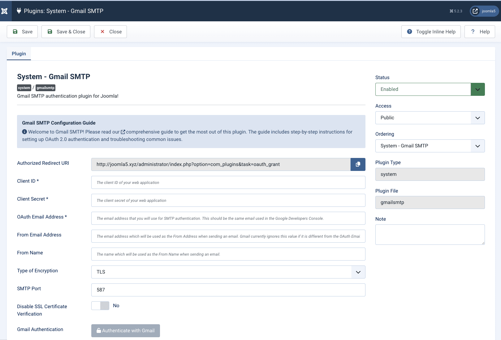 📧 Gmail SMTP Plugin Configuration Panel
