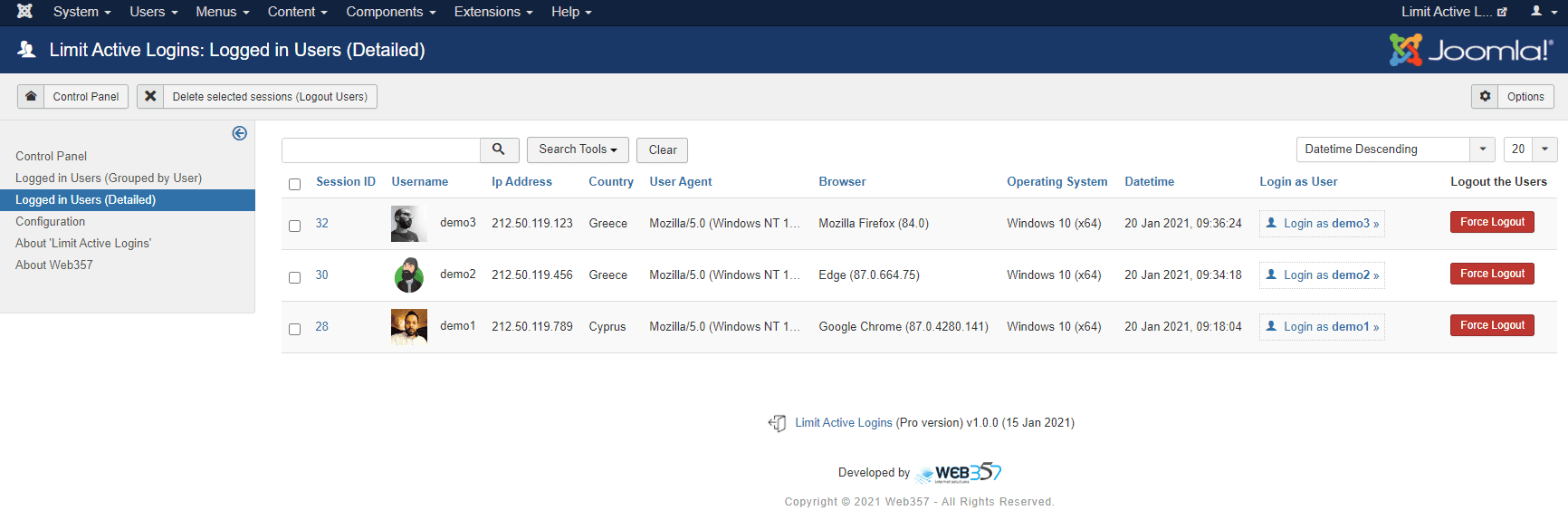 Admin can see the logged in sessions