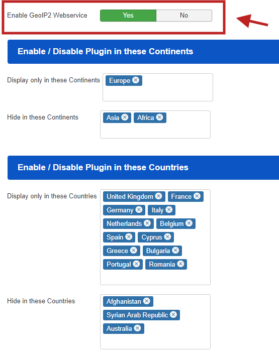 Show/Hide the notification bar only in the selected Continents/countries. (by GeoIP Web service)