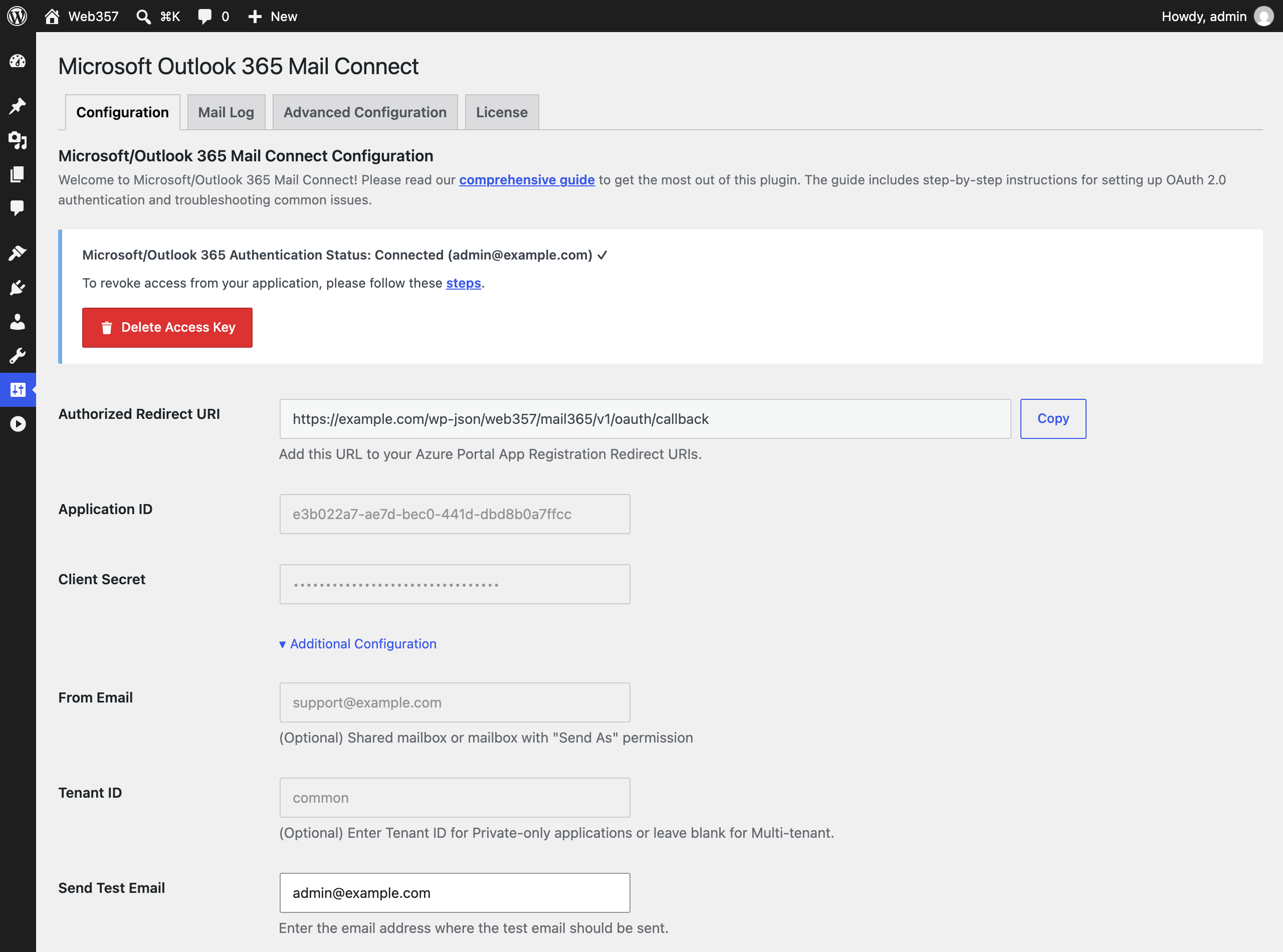 Microsoft Outlook 365 Mail Connect configuration in WordPress, showing a connected account, Client Secret, Tenant ID and the test email field