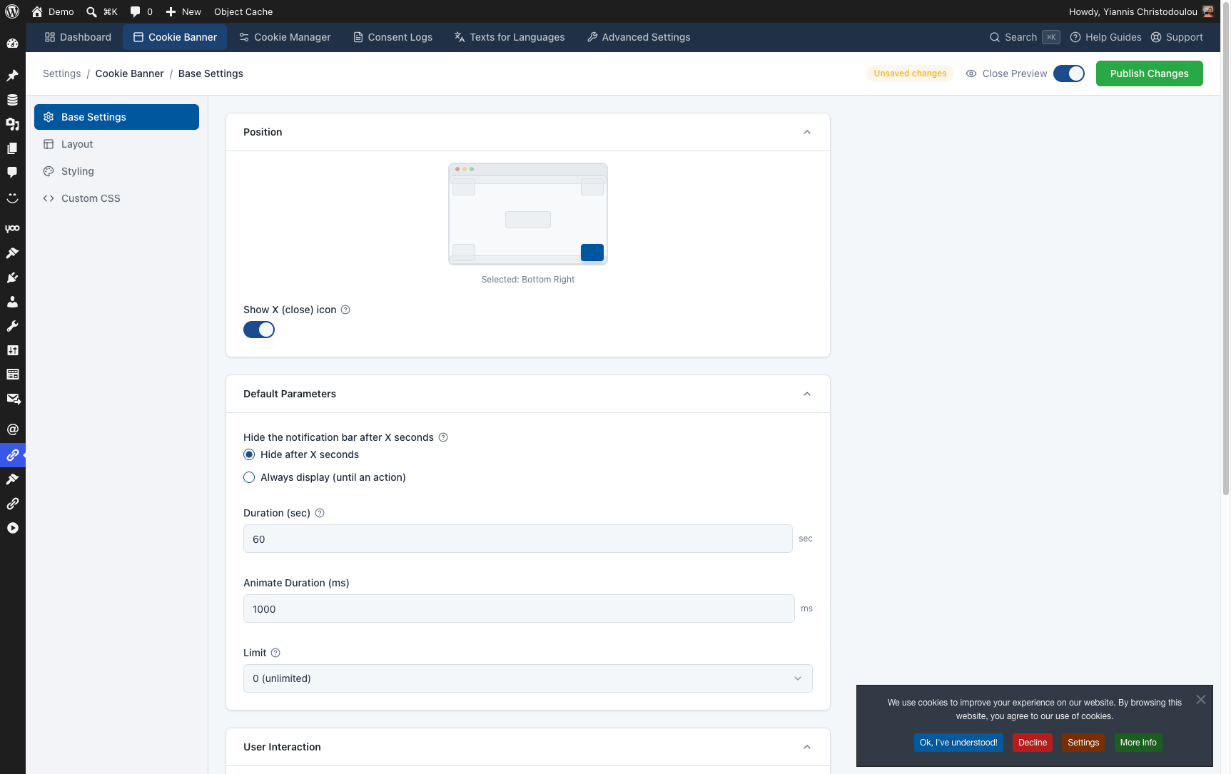 Cookie Banner base settings in WordPress, including position, close icon, display duration and animation