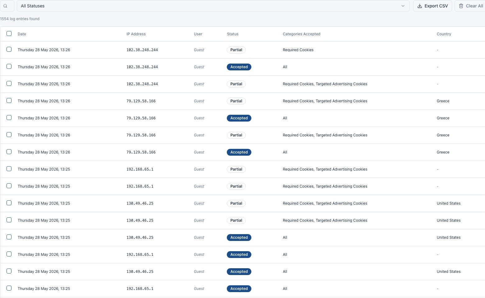 Consent Logs in WordPress, with date, status, cookie categories, country and CSV export