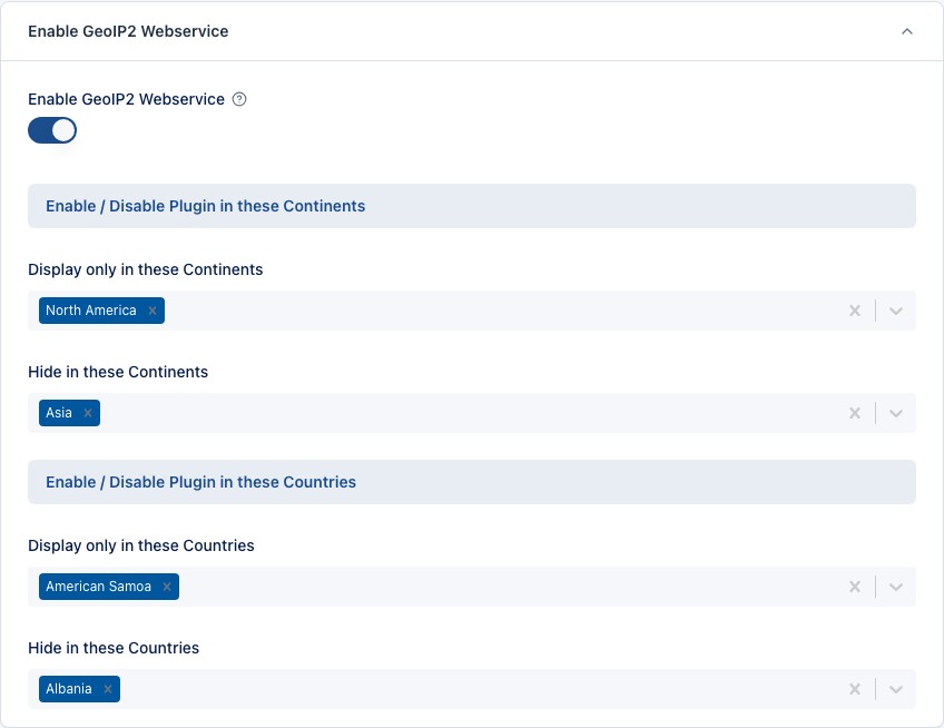 Geo Targeting settings to include or exclude continents and countries for the cookie banner