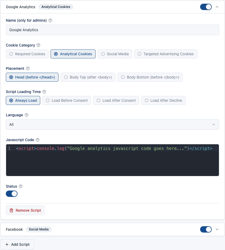 Blocked scripts assigned to cookie categories in Cookie Consent Manager