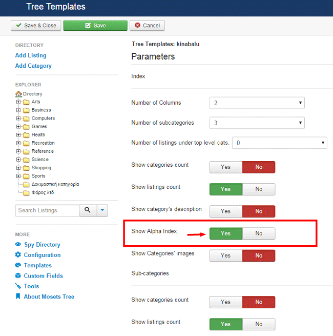Enable Alpha index in mosets tree