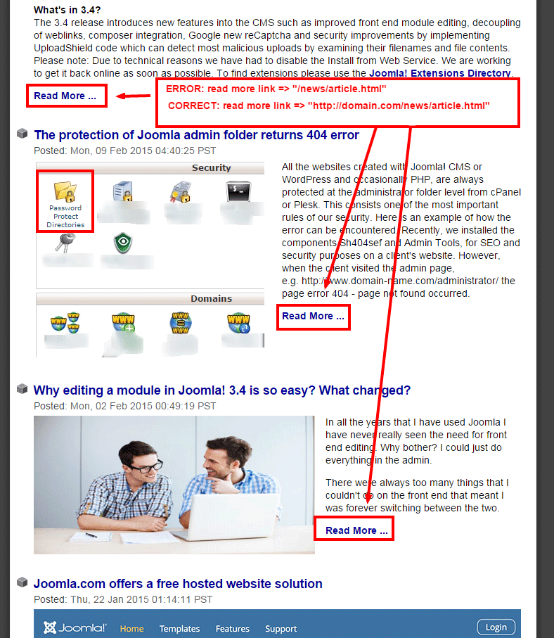 How to fix the read more links, in Joomla RSS Feeds