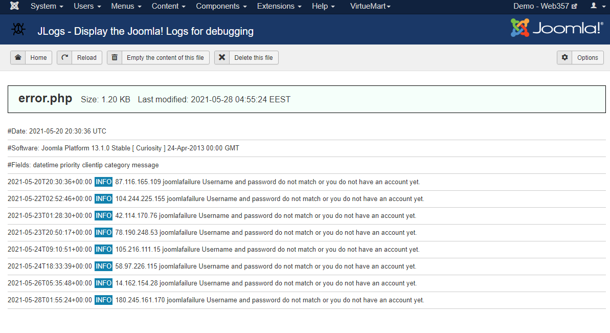 Log file contents - JLogs extension for Joomla!