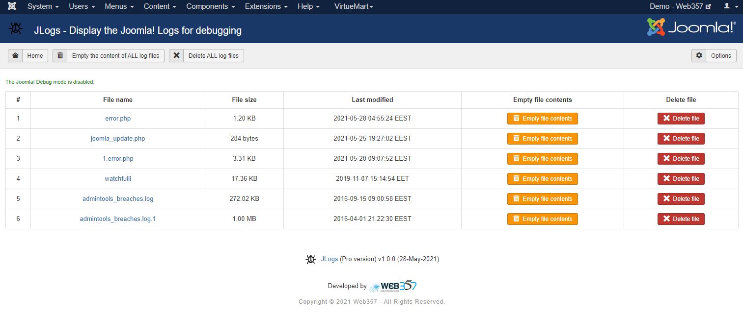 Backend view - JLogs extension for Joomla!