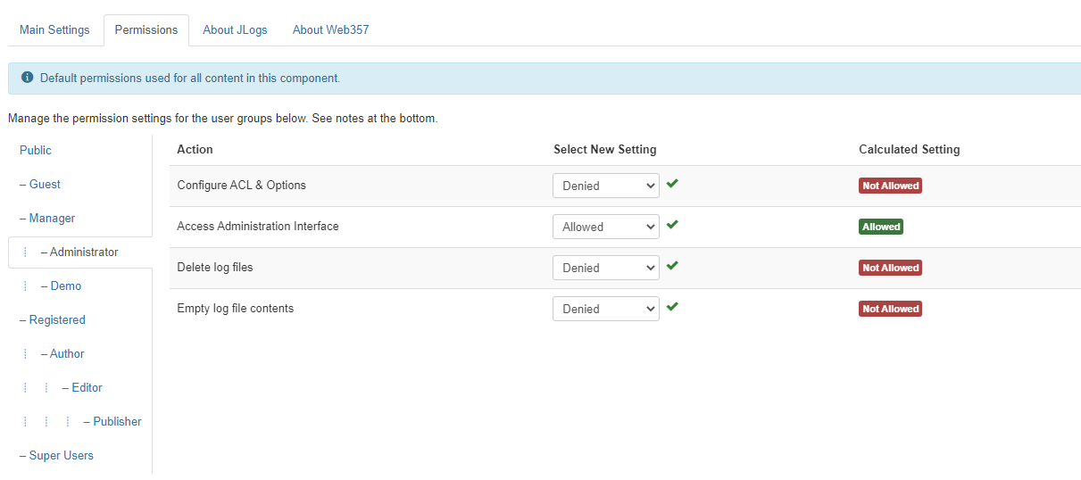 Permissions - JLogs extension for Joomla!