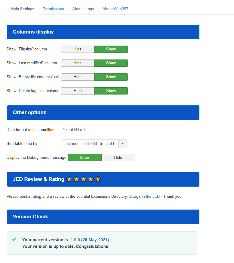 Settings - JLogs extension for Joomla!
