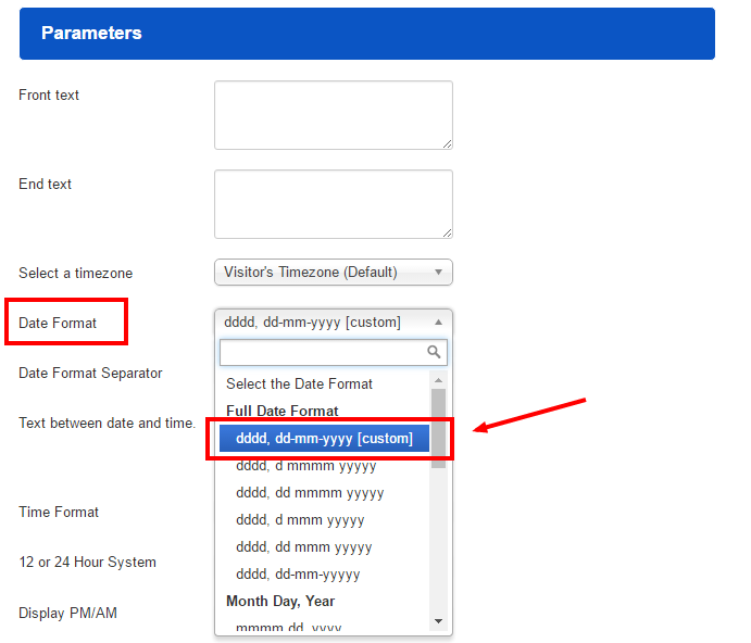 Custom date format - Screenshot from module parameters