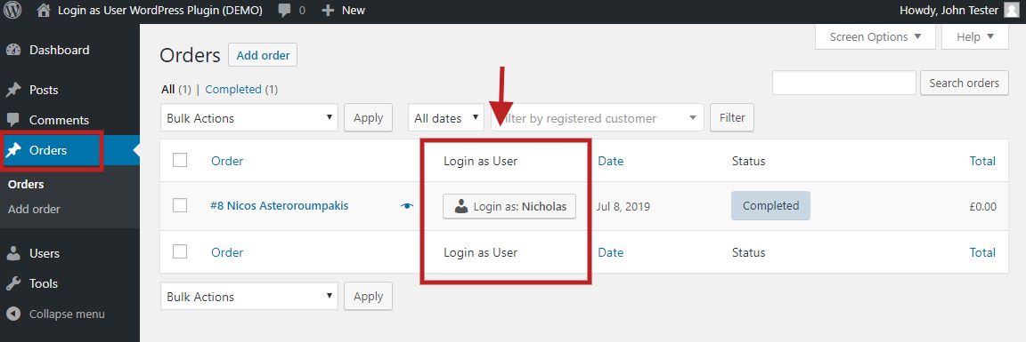 WooCommerce Orders list with a Login as User button next to the customer