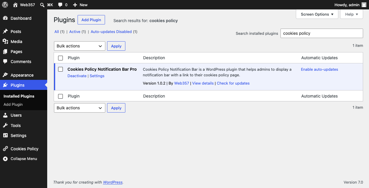 Cookie Consent Manager installed and ready in the WordPress dashboard