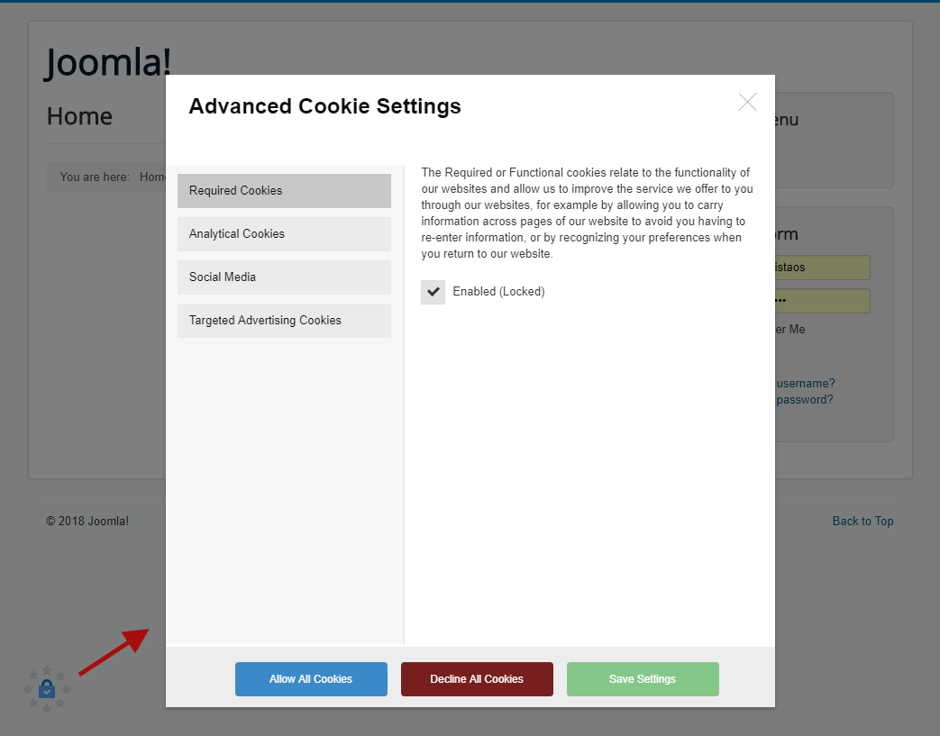 Screenshot from the Cookies Manager (Modal Window)