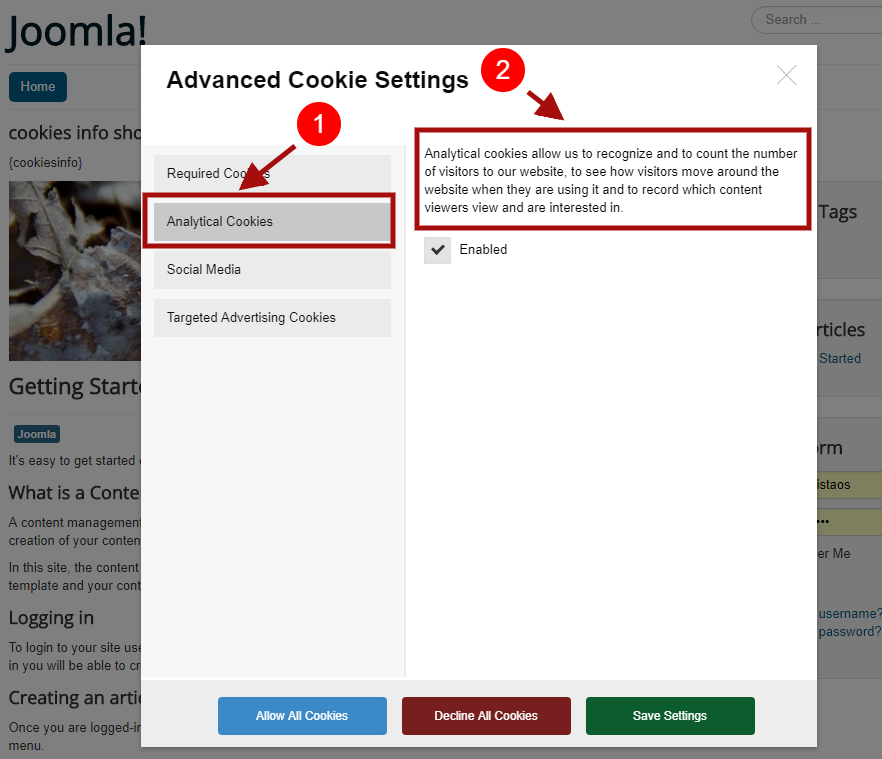 The cookie category name and description in the cookies manager modal window
