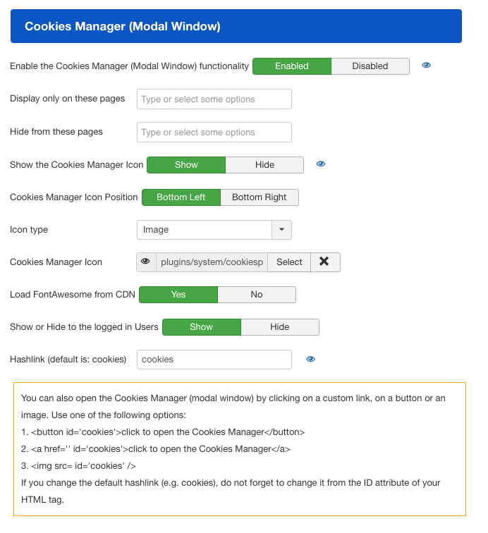 Full control of the Cookies Manager (Modal Window)