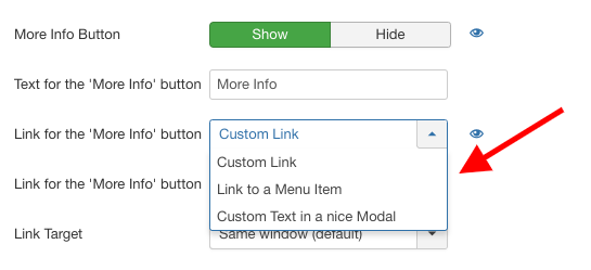 Cookies Policy Notification Bar – Joomla! plugin offers you 3 Options for the “More Info” button