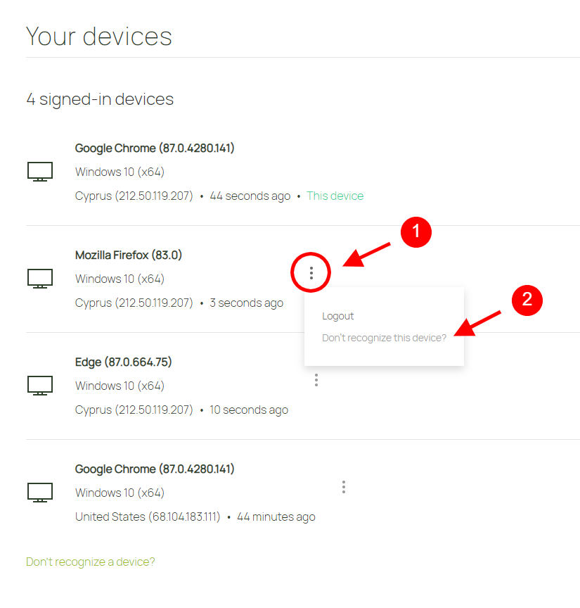 Signed-in devices with Logout option